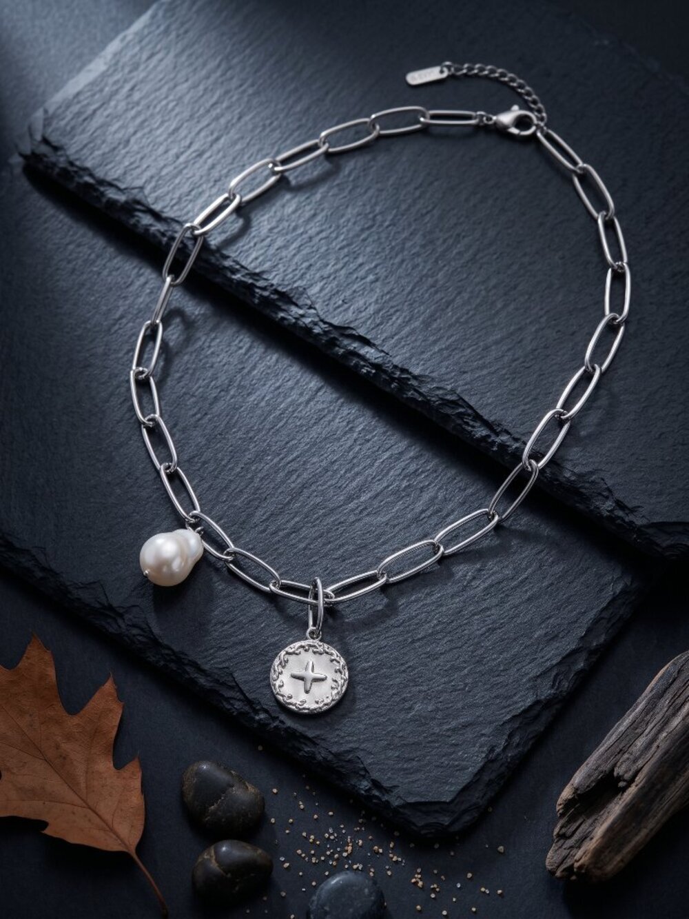 Silver Paperclip Chain Lariat Necklace Chunky Faux Pearl Star Coin Charm 18"+2"